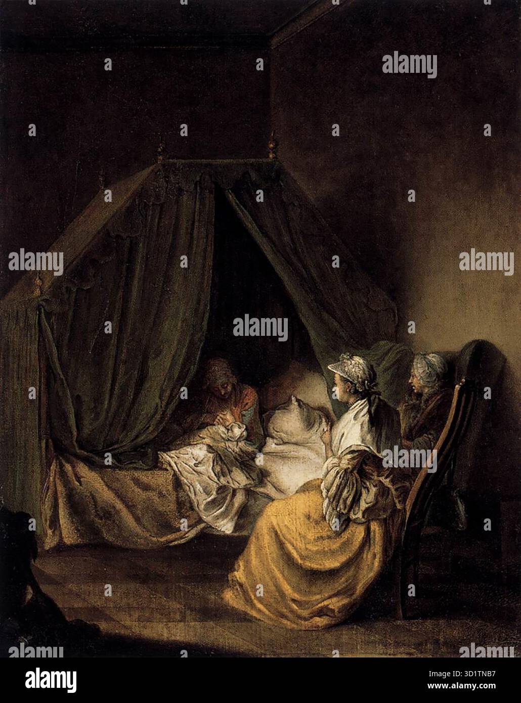 CHODOWIECKI, Daniel Nikolaus (* 1726, Danzig, d. 1801, Berlin) das liegende Zimmer (1) 1759 Öl auf Kiefer, 30 x 24 cm staatliche Museen, Berlin zwei intime Szenen von Daniel Chodowiecki einer jungen Mutter im Kinderbett zeigen den leichten Touch eines der geschicktesten Maler Deutschlands der späteren Hausszene des 18. Jahrhunderts. Im ersten muss die Mutter Besucher empfangen, im zweiten darf sie sich über ihre Abwesenheit freuen. --- Schlüsselwörter: ----------------- Autor: CHODOWIECKI, Daniel Nikolaus Titel: Das liegende Zimmer (1) Zeitlinie: 1751-1800 Schule: Polnisch Form: Malerei Art: Genre Stockfoto