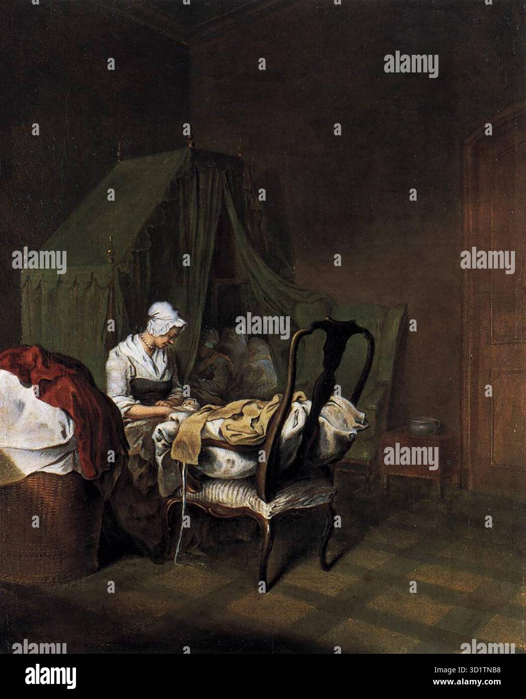 CHODOWIECKI, Daniel Nikolaus (* 1726, Danzig, d. 1801, Berlin) das liegende Zimmer (2) 1759 Öl auf Kiefer, 30 x 24 cm staatliche Museen, Berlin zwei intime Szenen von Daniel Chodowiecki einer jungen Mutter im Kinderbett zeigen den leichten Touch eines der geschicktesten Maler Deutschlands der späteren Hausszene des 18. Jahrhunderts. Im ersten muss die Mutter Besucher empfangen, im zweiten darf sie sich über ihre Abwesenheit freuen. --- Schlüsselwörter: ----------------- Autor: CHODOWIECKI, Daniel Nikolaus Titel: Das liegende Zimmer (2) Zeitlinie: 1751-1800 Schule: Polnisch Form: Malerei Art: Genre Stockfoto