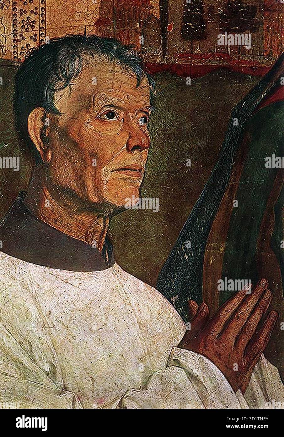 CHARONTON, Enguerrand (* ca. 1410, Laon, d. 1461, Avignon) Piet? De Villeneuve-l?s-Avignon (Detail) ca. 1460 Tempera auf Holz Mus?e du Louvre, Paris das Detail zeigt den Kopf des Spenders. In dieser Komposition kniet der Spender abseits der zentralen Tragödie der Komposition. Der Kopf ist wie ein Porträt aus dem wirklichen Leben gemalt: Die Haare sind gräulich, die Knochen hämmern sich auf dem sauber rasierten Gesicht, die Haut gespannt. Seine Stirn ist faltig, die Nase etwas breit, die Lippenlinie fest. Die Augen, die von der zentralen Tragödie weggerichtet sind und in die Ferne schauen, schaffen es Stockfoto