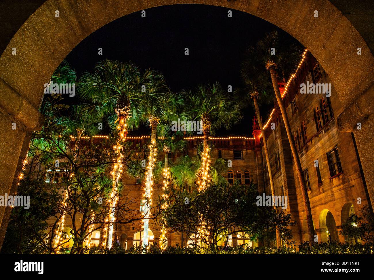 In einem historischen Innenhof in St. Augustine, Florida, erleuchten Palmen in Weihnachtslichtern. Der gewölbte Eingang und die spanische Kolonialarchitektur Stockfoto