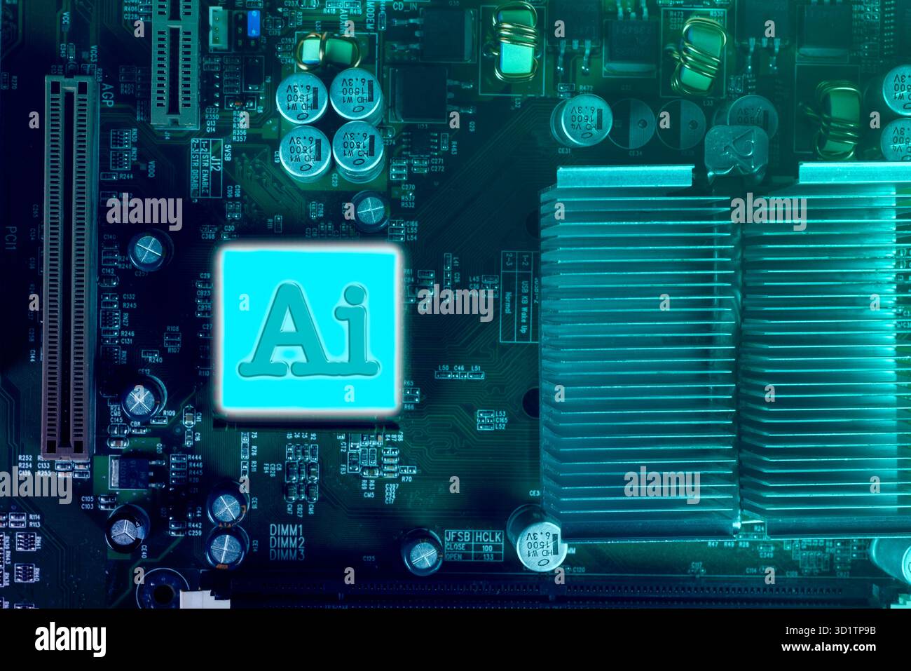 KI-Symbol über einem Computermotherboard-Konzept für künstliche Intelligenz in neuer Technik Stockfoto