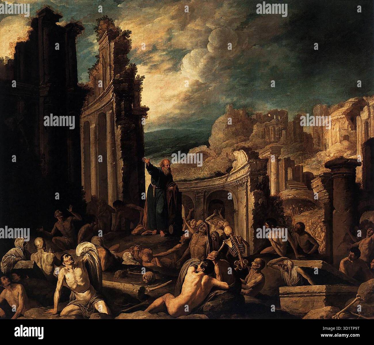 COLLANTES, Francisco (* 1599, Madrid, d. 1656, Madrid) die Vision von Ezekiel 1630 Öl auf Leinwand, 177 x 205 cm Museo del Prado, Madrid Francisco Collantes war Landschaftsmaler, einer der zahlreichen Schüler von Vicente Carducho. Der Prophet Ezekiel ist uns durch das Buch der Bibel bekannt, das seinen Namen trägt. Wahrscheinlich um 579 v. Chr. nach Babylon deportiert, lebte er mit den gefangenen Juden im Exil und verkündete seine Prophezeiungen in der Region des heutigen Tel Aviv. Eines Tages wurde sein Leben von der „Herrlichkeit des Herrn“ durchdrungen, die er in einer Reihe von Visionen entdeckte. In einer seiner Vision Stockfoto