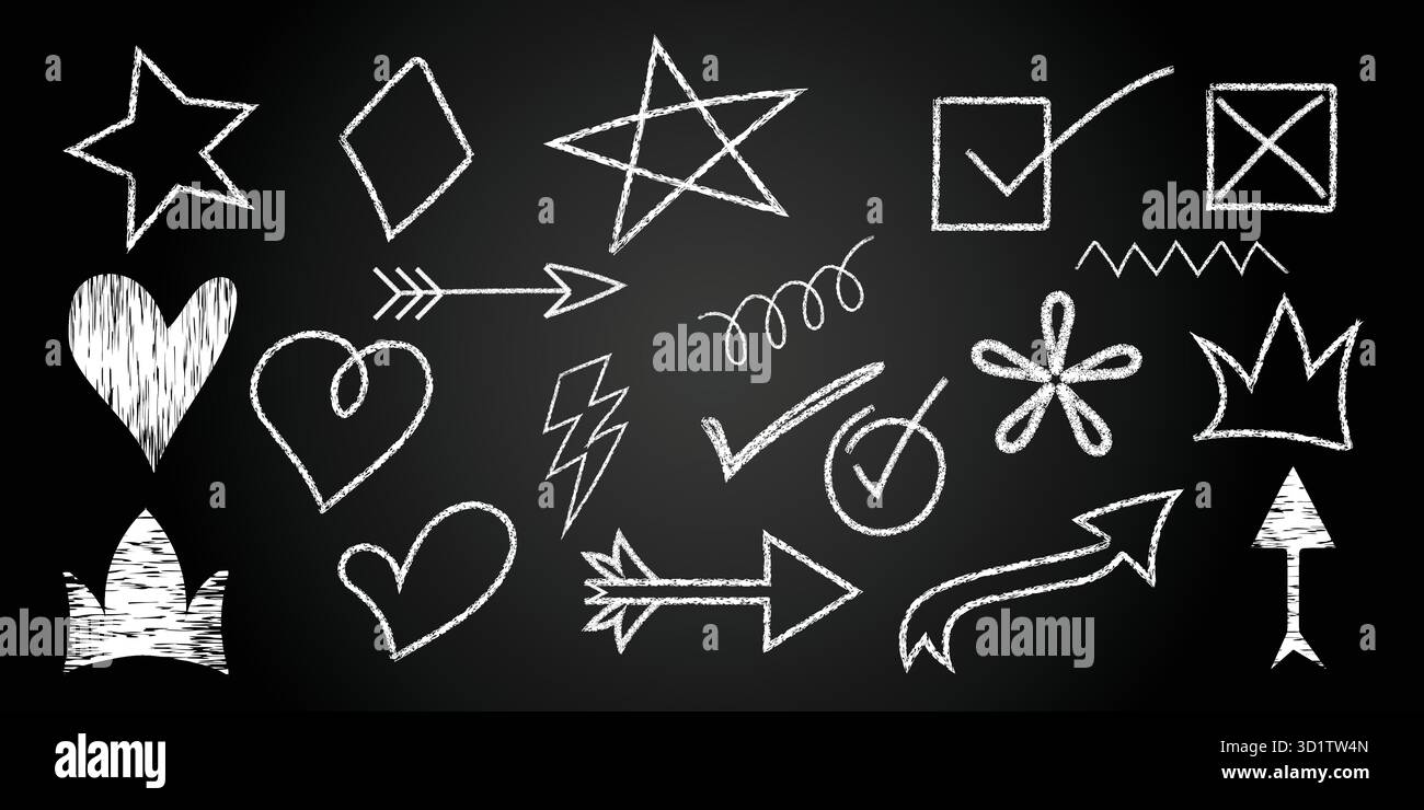 Unsere exklusive Kollektion umfasst sorgfältig von Hand gezeichnete Elemente, darunter Pfeile, Häkchen und Kreise, die Ihre Projekte mit aufwerten Stock Vektor