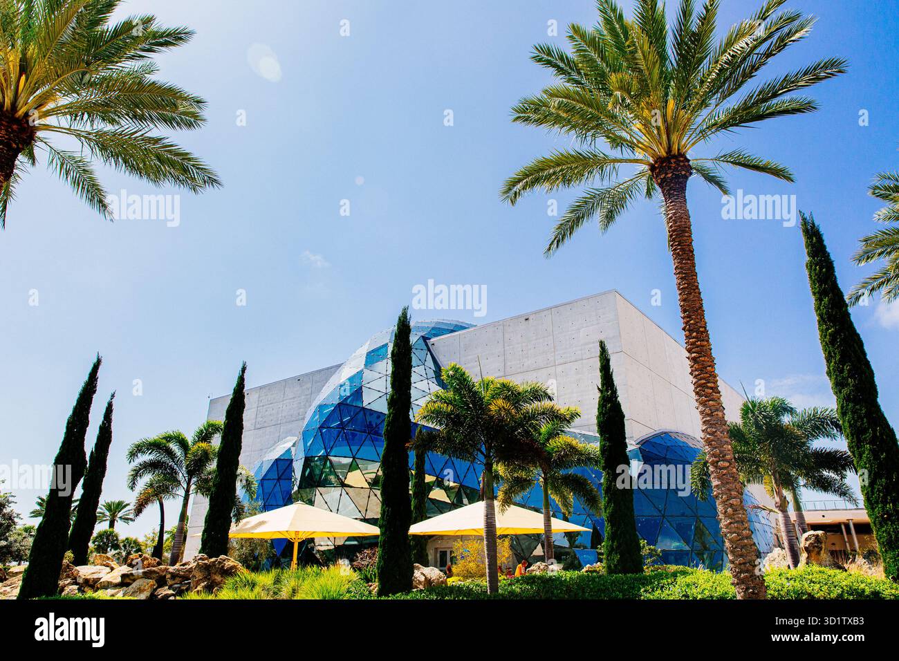 Salvador Dalí Museum in St. Petersburg, Florida, ikonisches geodätisches Glasbauwerk (Enigma), Palmen und mediterrane Landschaftsgestaltung Stockfoto