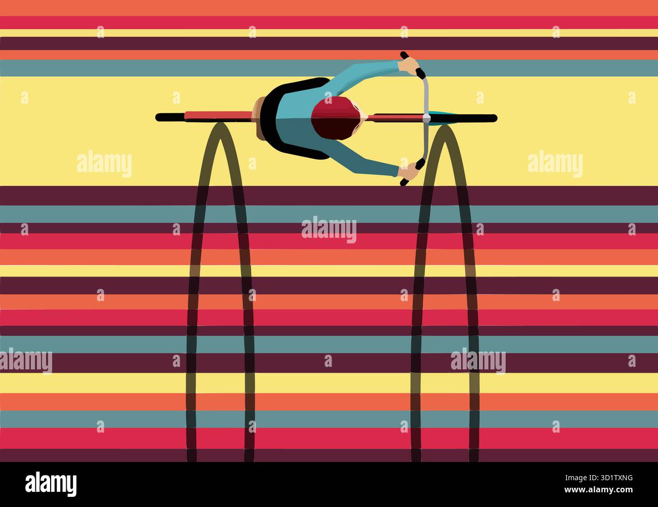 Ein von oben gesehen Fahrradfahrer fährt auf einer sehr bunten Spur, in der das Sonnenlicht lange Schatten auf seine Räder wirft. Stock Vektor