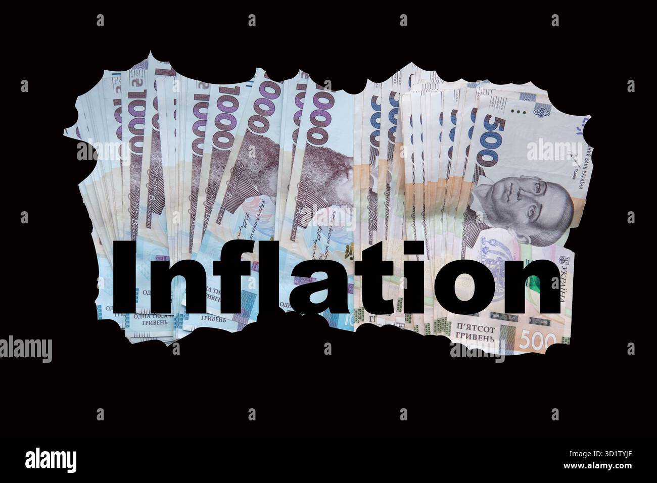 Die Inflation in den ukrainischen Griwna-Banknoten wurde deutlich, was steigende Preise, wirtschaftliche Instabilität und Währungsabwertung symbolisiert. Stockfoto