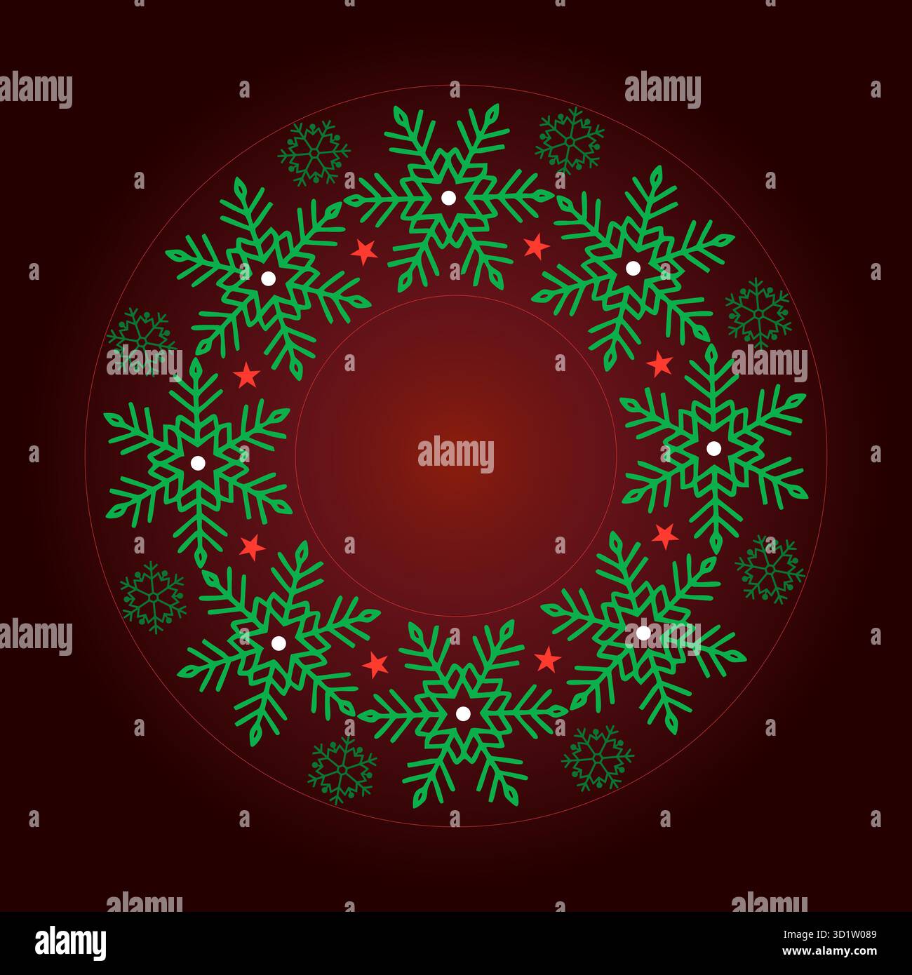 Weihnachtskranz mit grünen Schneeflocken und roten Sternen – festliches kreisförmiges Design auf dunkelrotem Hintergrund Stock Vektor