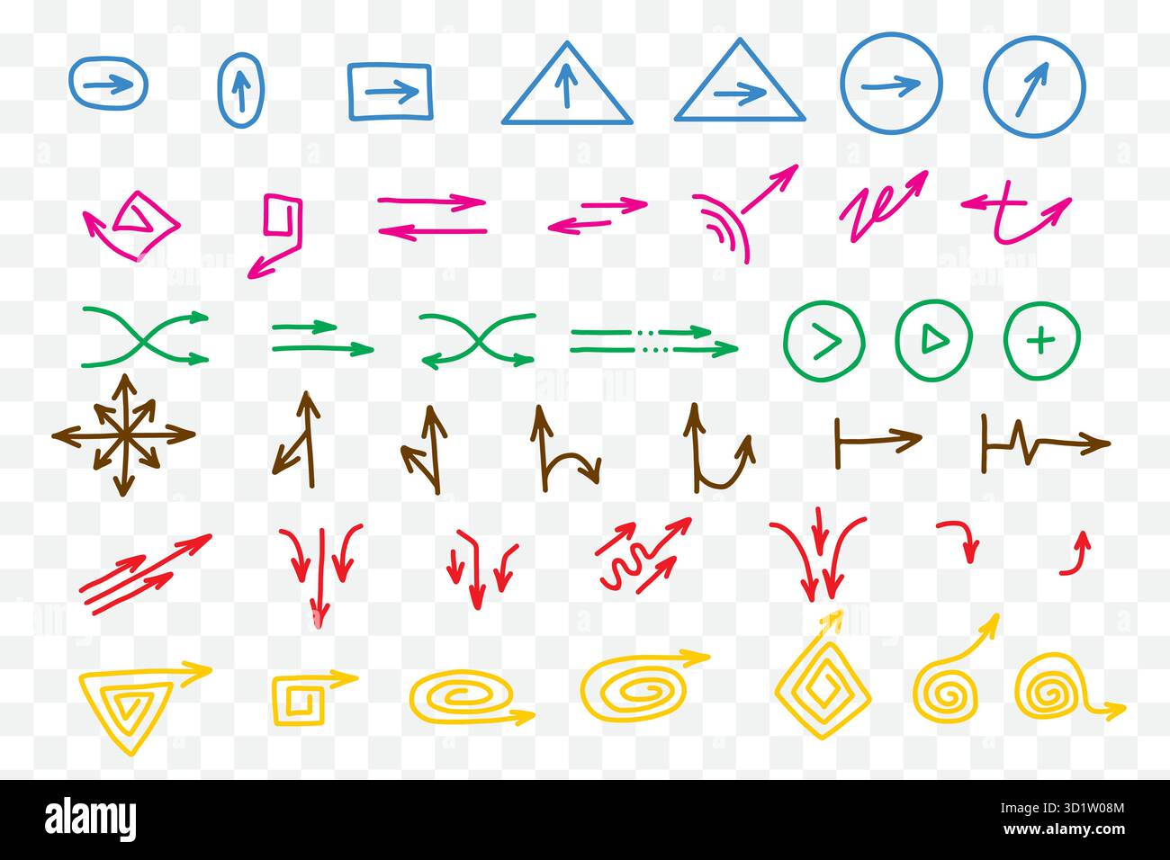 Farbenfrohe Vektorpfeile – Richtungssymbole, gekrümmte, spiralförmige und geometrische Designs Stock Vektor