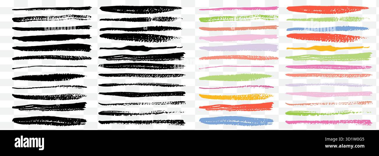 Vector Brushstroke Collection – Texturen mit schwarzer Tinte und farbige Farbstriche Stock Vektor