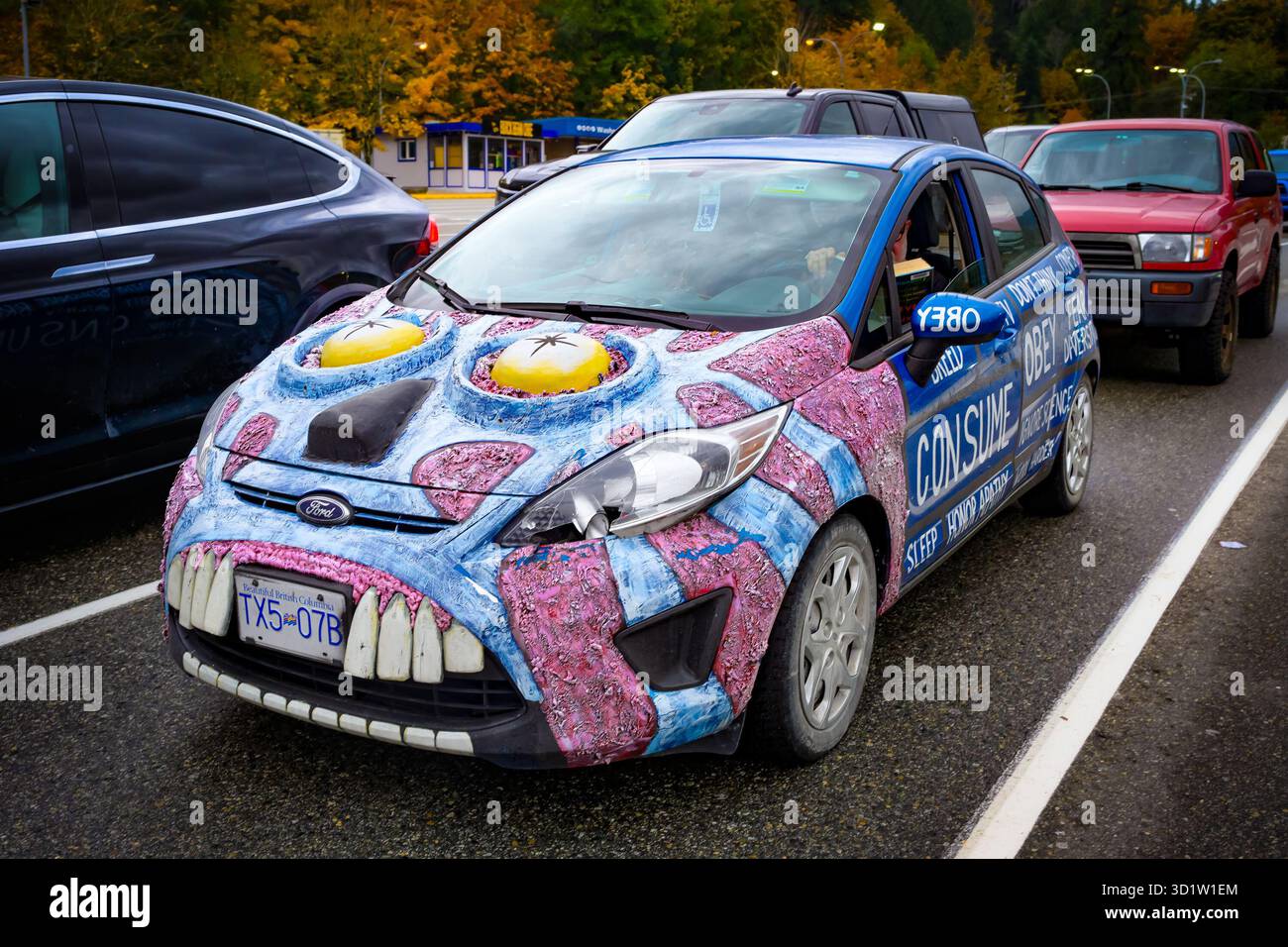 Art Car, mit Gesicht auf der Vorderseite, Augen, Zähnen, Nase Stockfoto