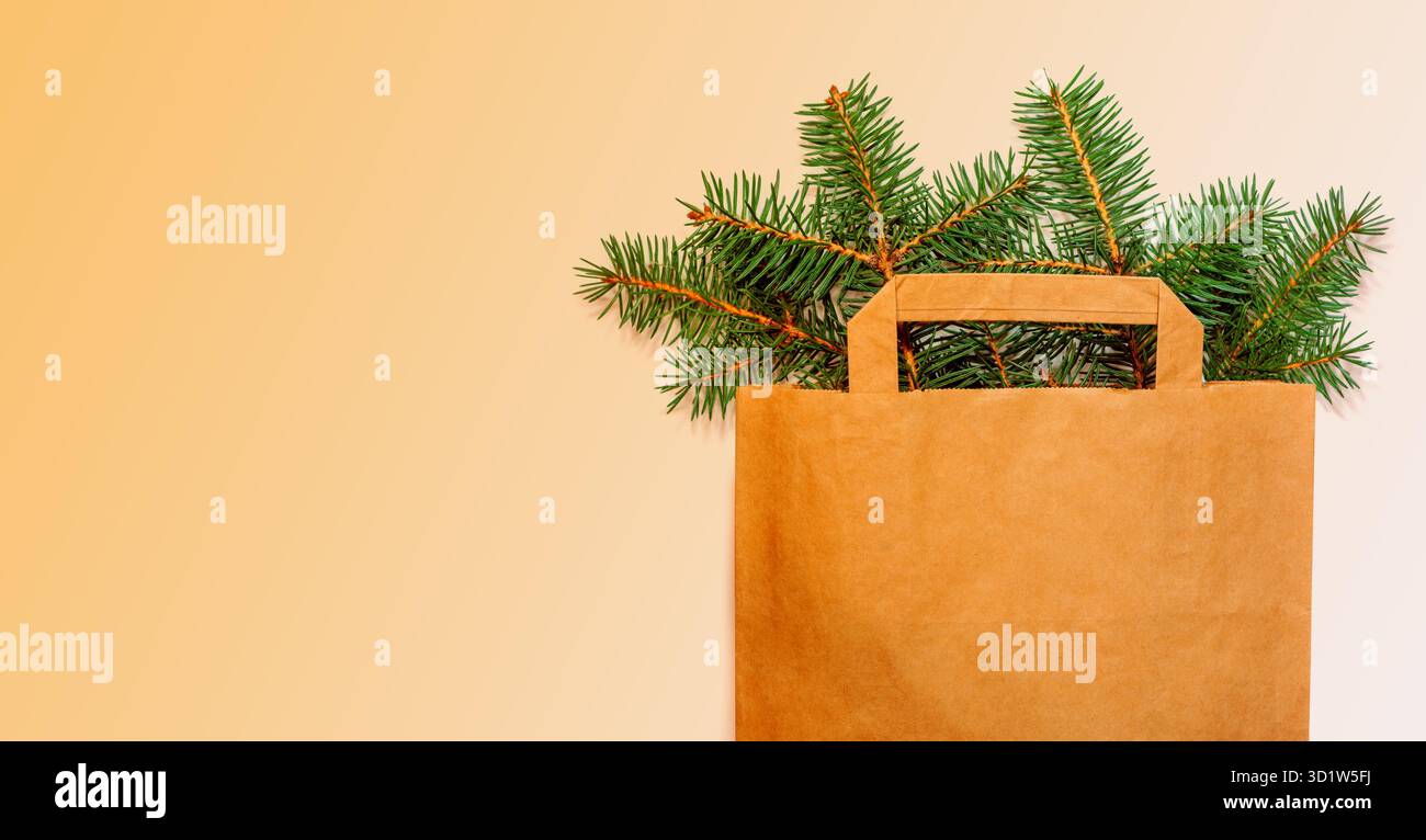Ein einfacher brauner Papierbeutel mit frischen Kiefernzweigen, perfekt für umweltfreundliche Weihnachtsgeschenke. Banner für nachhaltige Feiertage mit Kopie Stockfoto
