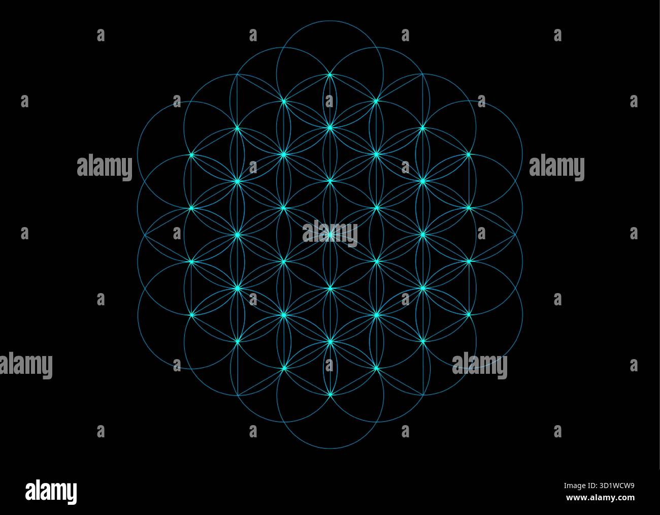 Spirituelle Blume des Lebens, Yantra Mandala, blauer Neoneffekt Samen des Lebens, Heilige Geometrie, helles Symbol für Harmonie und Gleichgewicht. Mystische Kreise Stock Vektor