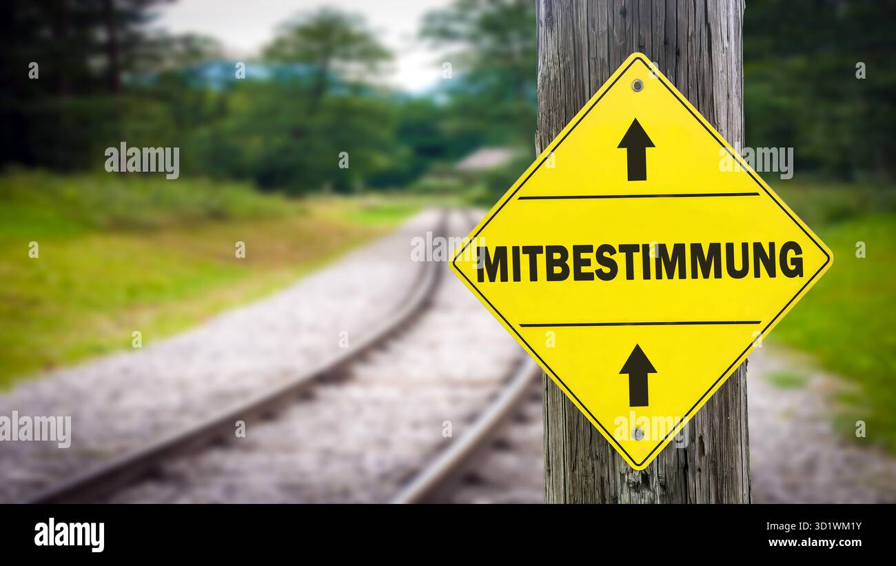 Wegweiser der direkte Weg zur Teilnahme - Bildmontage Stockfoto