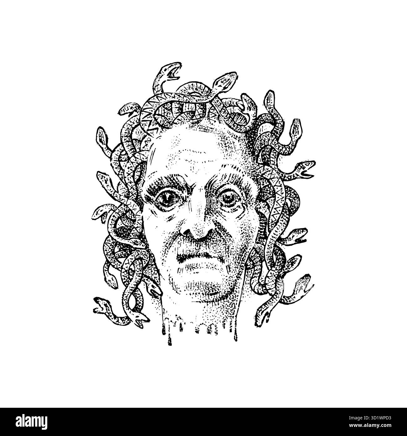 Mythen des antiken Griechenlands. Gorgon medusa mit Schlangen auf dem Kopf, besiegt von Perseus. Zeichenskizze. Handgezeichnete Vintage Vektor-Illustration für Buch Stock Vektor