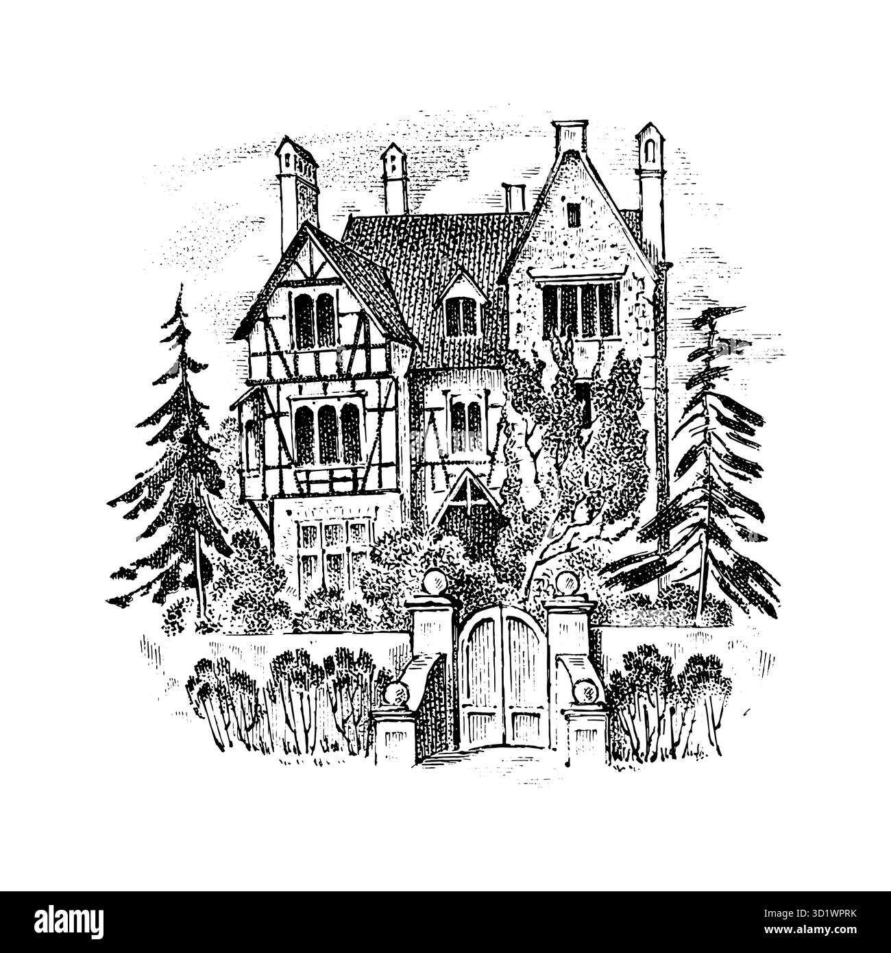 Skandinavische Architektur, deutscher Stil, Fachwerkhäuser, 18. Jahrhundert. Holzrahmen. Vektorlandschaft Tintenskizze der Straße. Handgezeichnet Stock Vektor