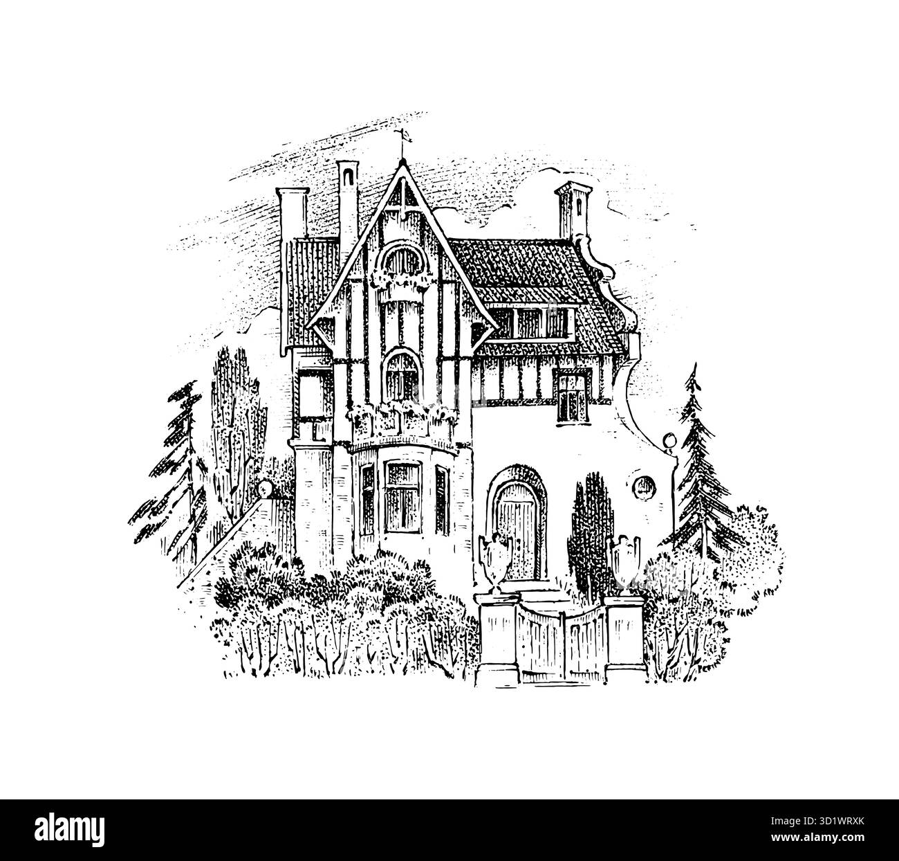 Skandinavische Architektur, deutscher Stil, Fachwerkhäuser, 18. Jahrhundert. Holzrahmen. Vektorlandschaft Tintenskizze der Straße. Handgezeichnet Stock Vektor