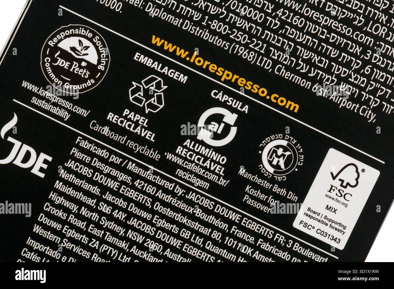 Recycling-Informationen zu Ochsen von L'Or Espresso Lungo Profondo Kaffee Aluminium Kapseln Pods UK Stockfoto