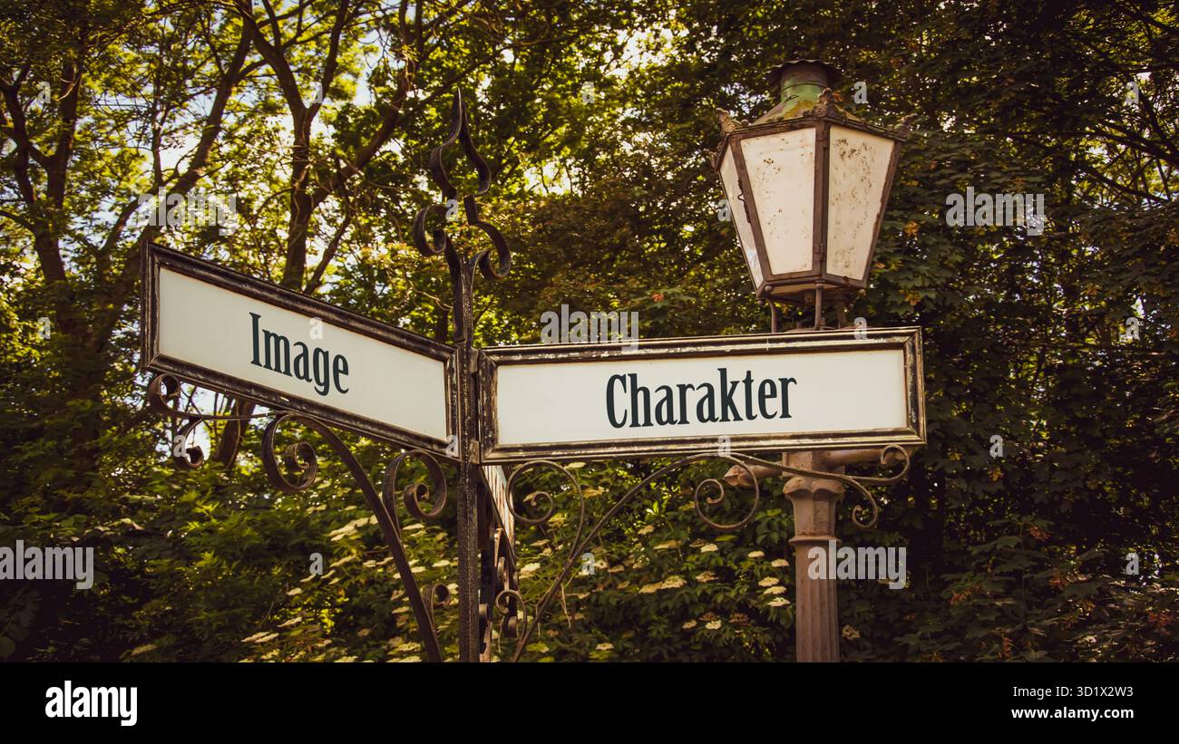 Wegweiser der direkte Weg zu Character versus Image – Bildmontage Stockfoto