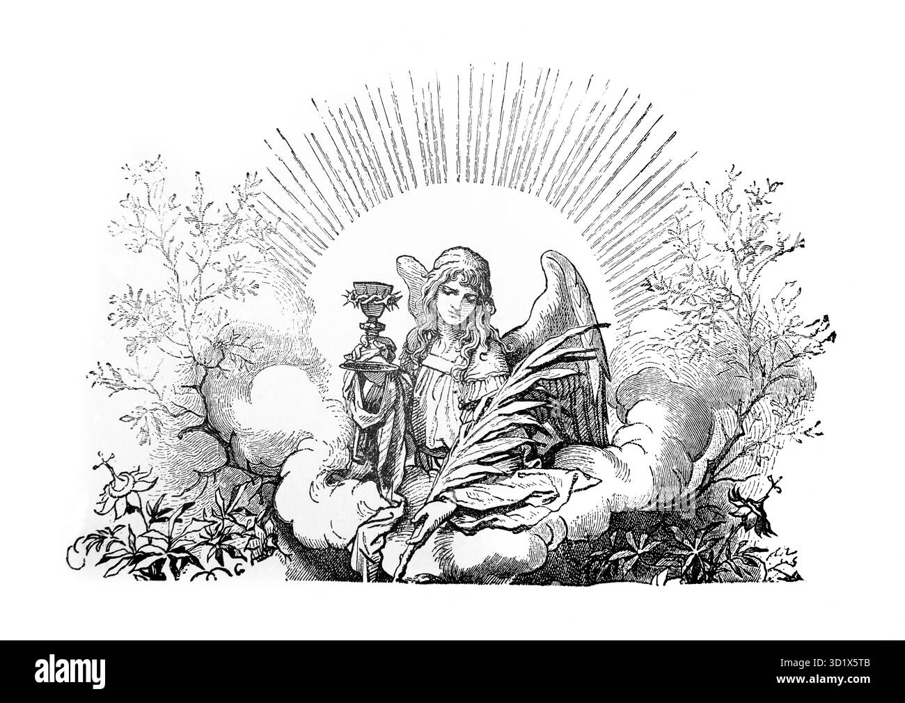 Illustration eines Engels, der einen Chalice (Heiliger Gral) mit einer Dornenkrone und einer Palmenfront aus dem Jahr 1890 hält Stockfoto