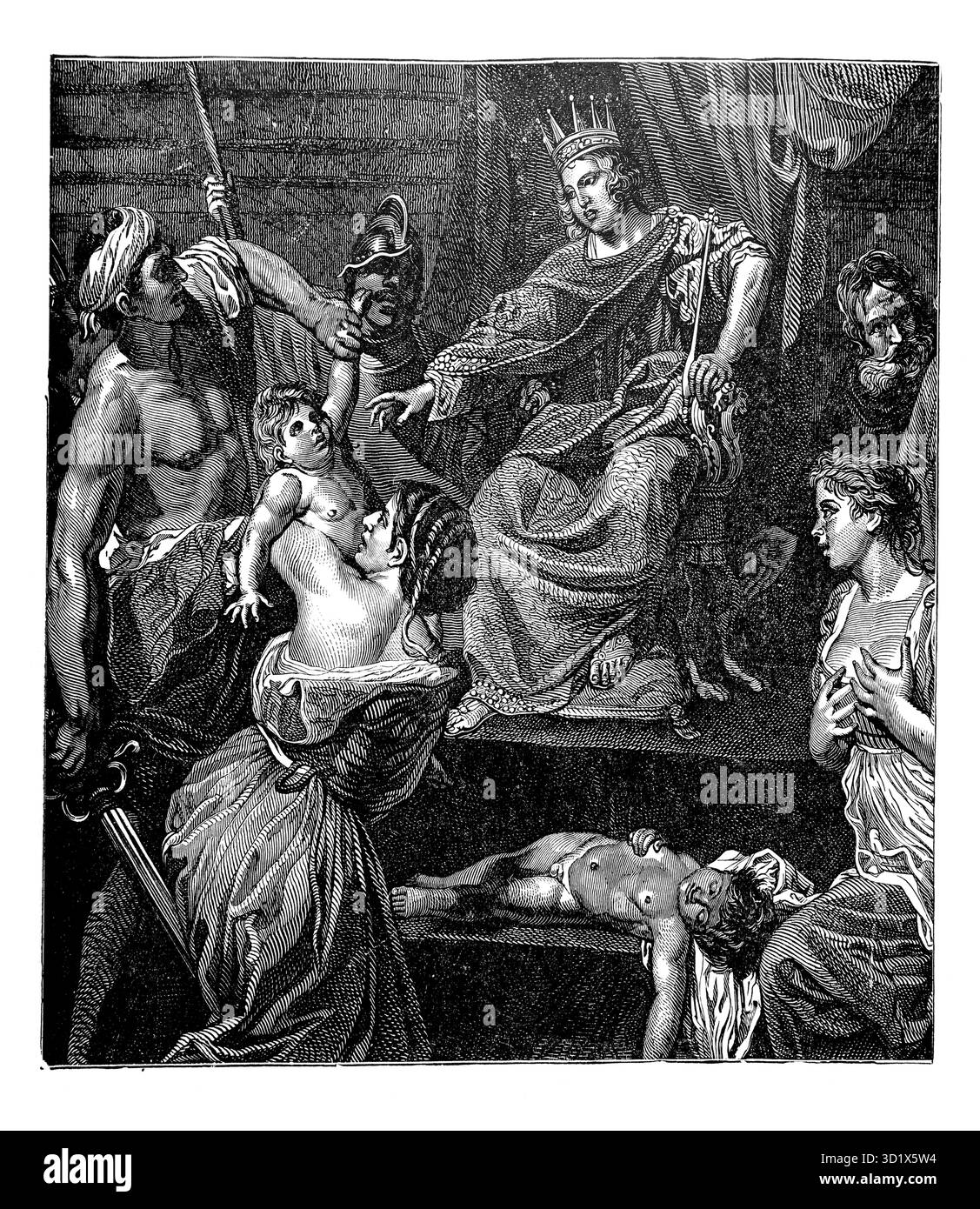 Illustration des Urteils Salomos - zwei Mütter, die im selben Haus lebten, hatten jeweils ein Kind, eines war gestorben und jede Mutter argumentierte, dass sie leben würde Stockfoto