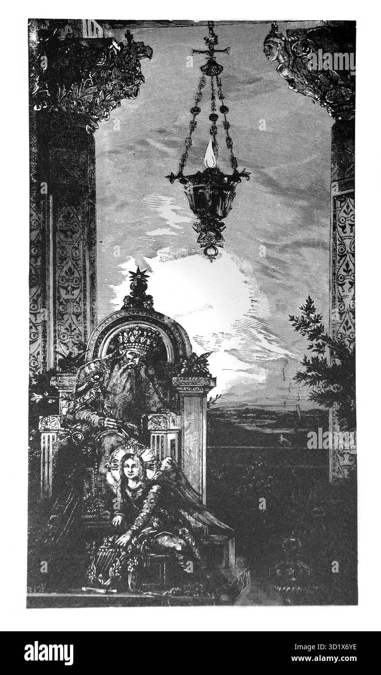 Illustration von König David aus dem berühmten Gemälde von Gustave Moreau - David sitzt auf seinem Thron und wartet mit dem Engelsboten auf den Tod Stockfoto