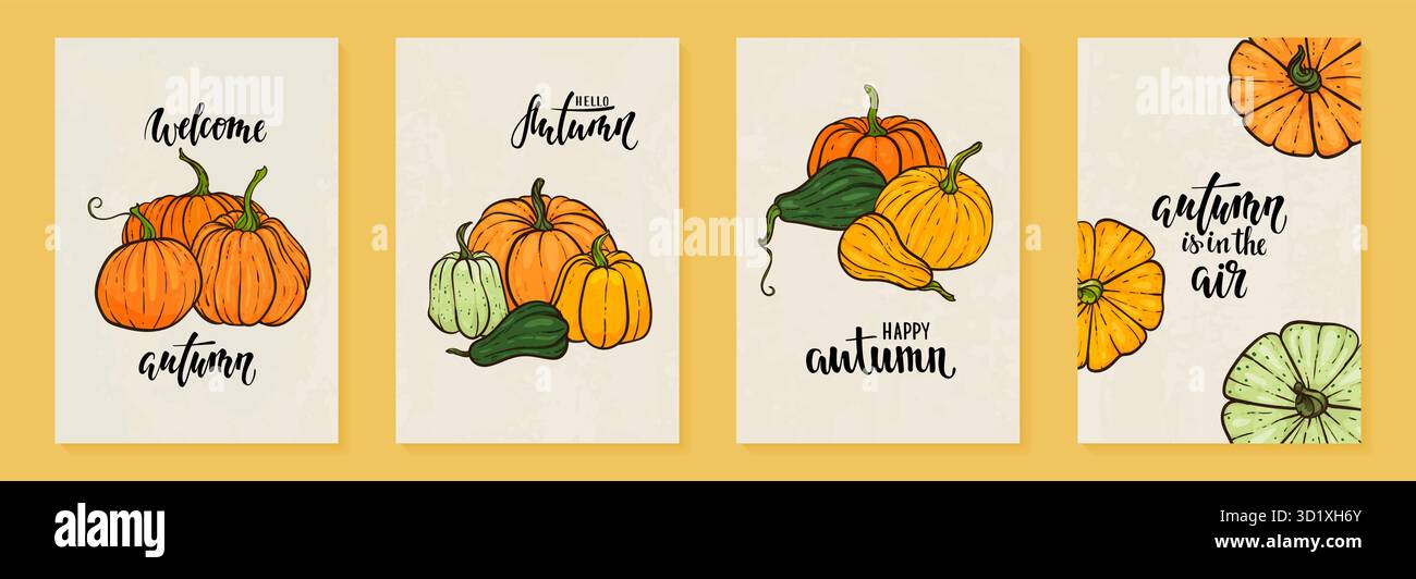 Handgezeichneter Kürbis im Cartoon-Stil mit Text „Hallo Herbst“. Niedliches Herbstposter. Design für Grußkarte und Einladung zu saisonalen Herbstferien Stock Vektor