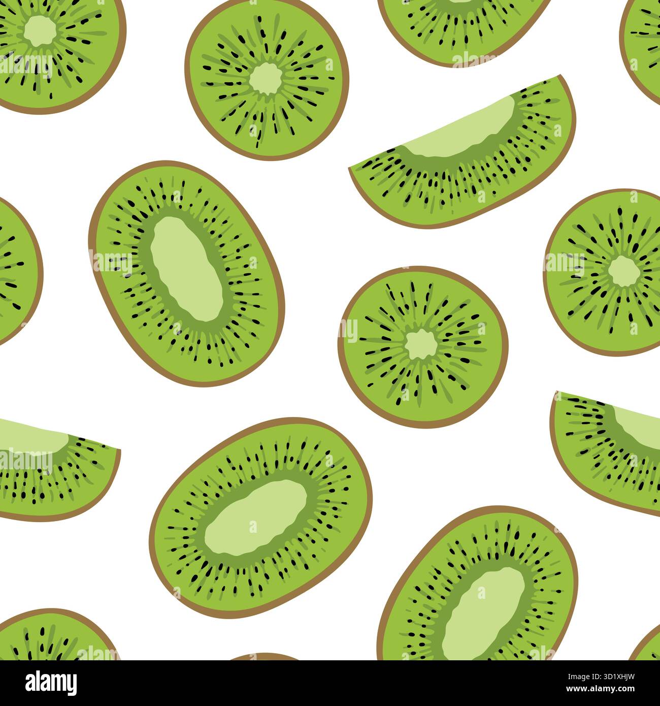 Tropisches nahtloses Muster mit grünen Kiwi- und Kiwi-Scheiben. Handgezeichnetes Obst-Kiwi-Muster auf weißem Hintergrund. Für Gewebe, Zeichenetiketten, drucken Stock Vektor