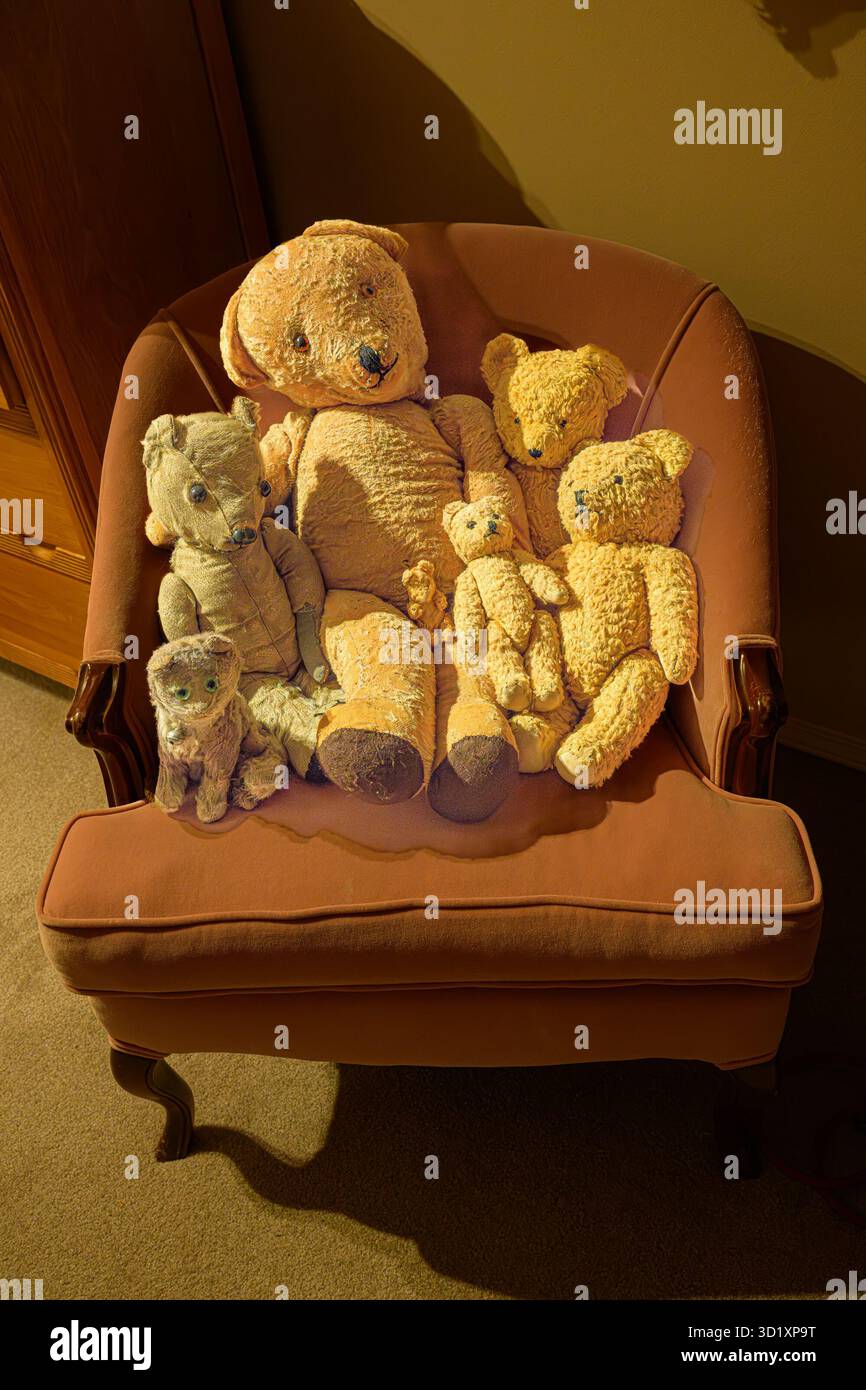 Vintage Teddybären auf Sessel Stockfoto