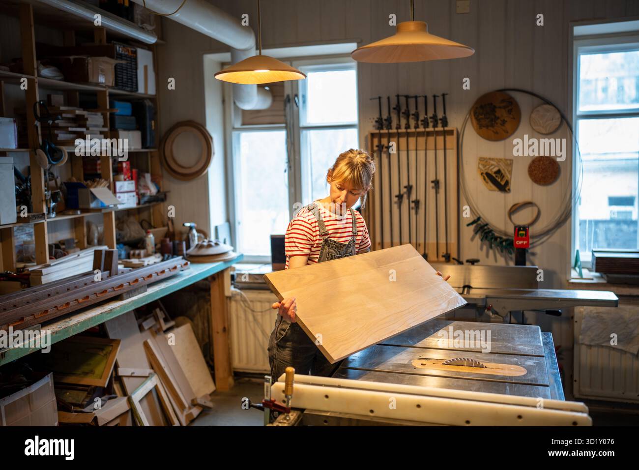 Zimmerfrau, die sorgfältig mit dem Tisch arbeitet. Bei der Inspektion des Schreiners beobachtet die Tischplatte vor dem Sägen mit einer Kreissäge, die sich auf das Wehen vorbereitet Stockfoto
