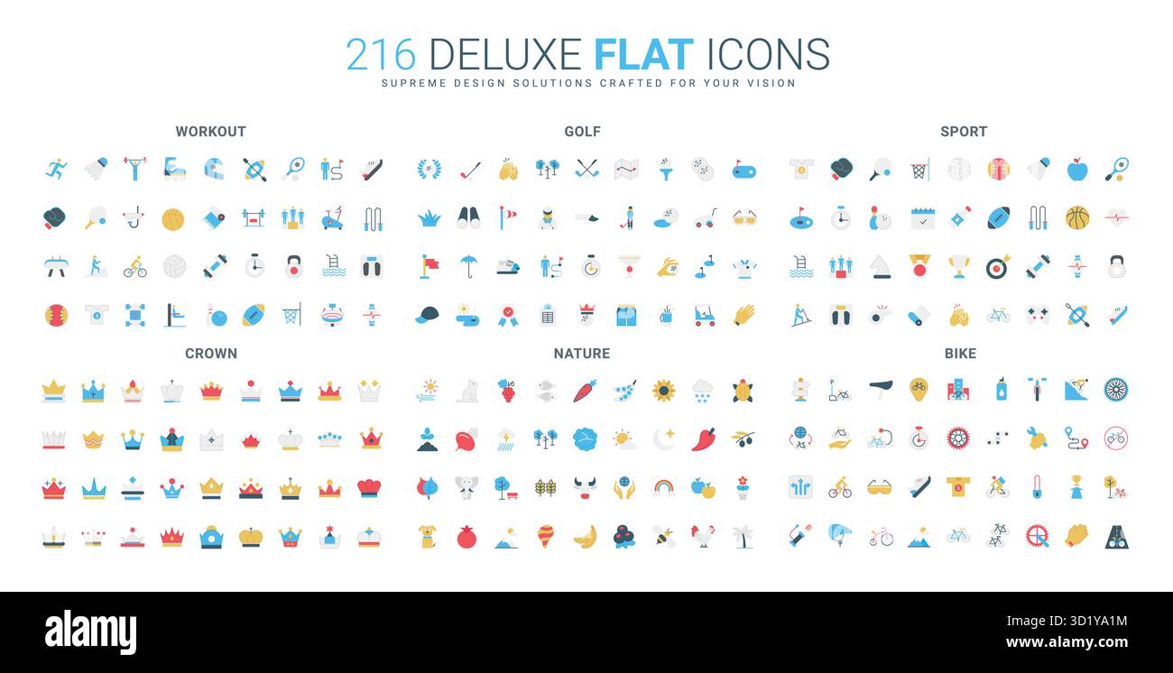 Farbenfrohe flache Icon-Set mit Workout, Golf, Sport, Krone, Natur, und Fahrradmotive mit schlichtem, modernem Stil für verschiedene kreative Projekte isolierte Vektorillustration Stock Vektor