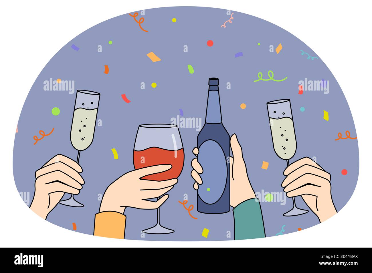 Hände von Menschen, die auf der Party Gläser in der Hand halten, die zusammen trinken. Gruppen, die Spaß haben, genießen Cocktails, Getränke zur Feier. Vektorgrafik. Stockfoto