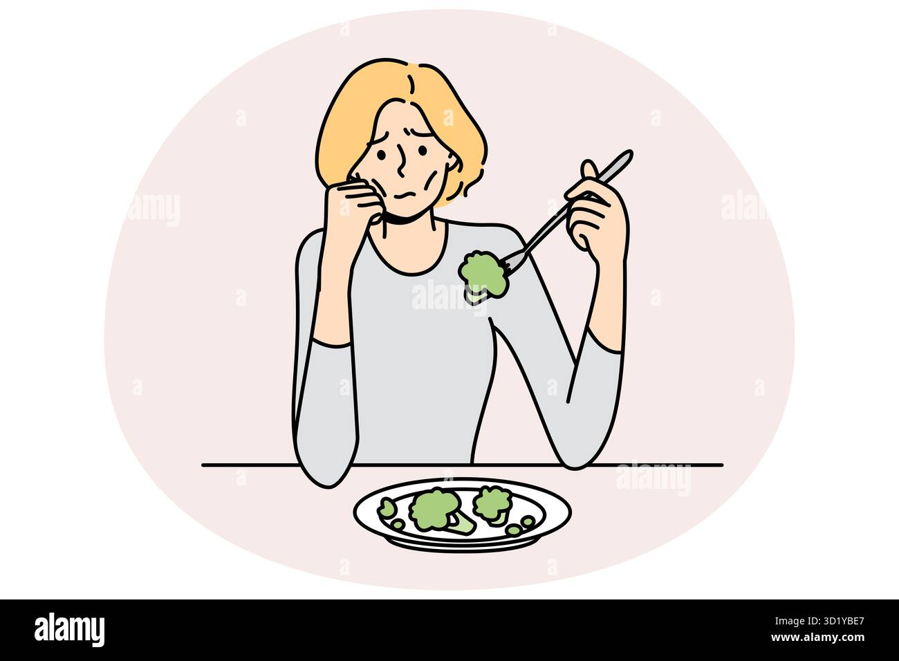 Unglückliche magersüchtige Frau leidet unter Essen. Gestresster, dünner Frauenkampf mit Essensstörungen. Gesundheitsproblem und Gesundheitswesen. Vektor-Illustration Stockfoto