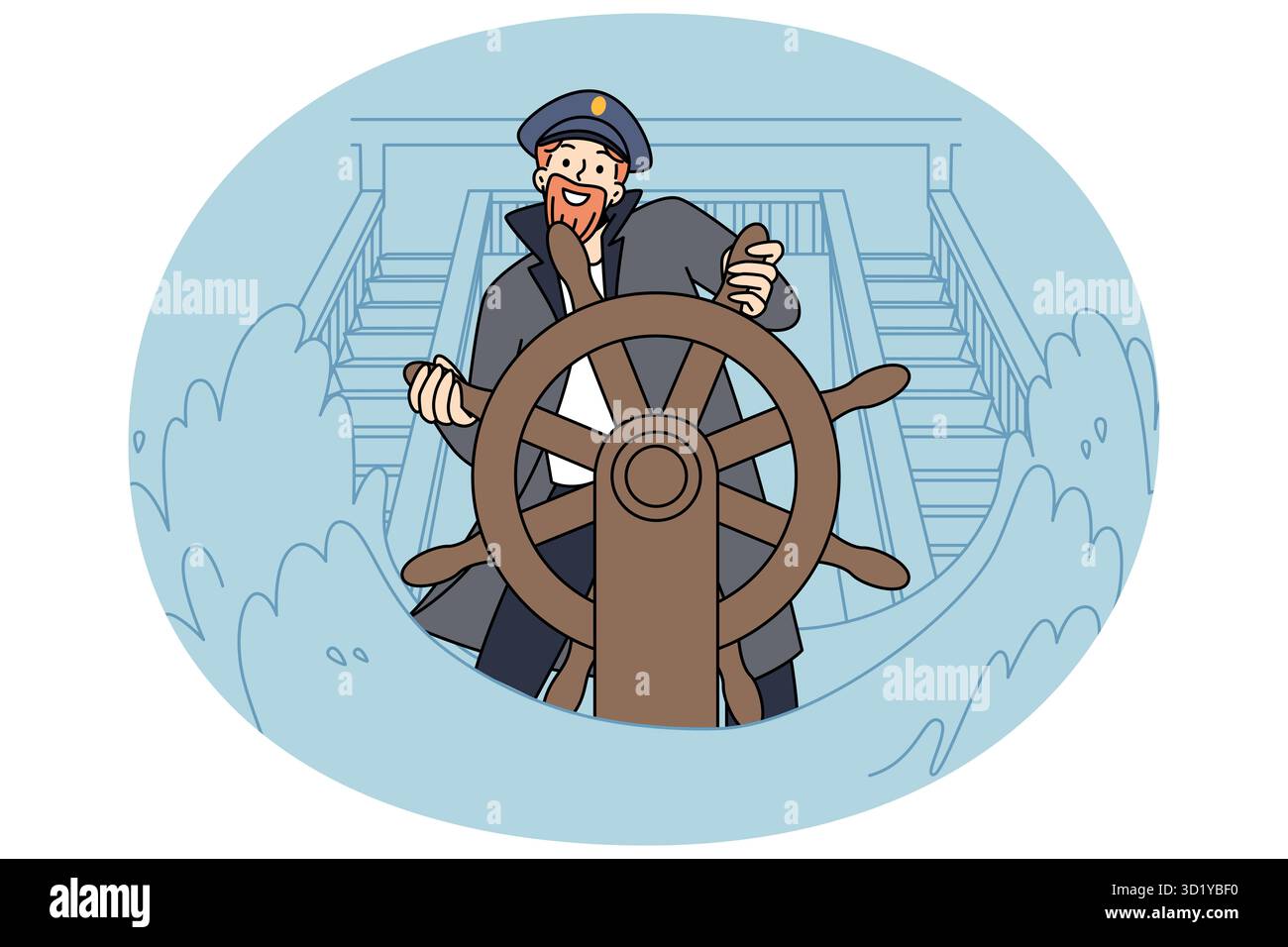 Lächelnder Kapitän, der während eines Seesturms am Schiffsrad stand. Glücklicher Skipper am Bootsruder bei den Wellen des Meeres. Seezeit und Meeresleben. Vektorgrafik. Stockfoto