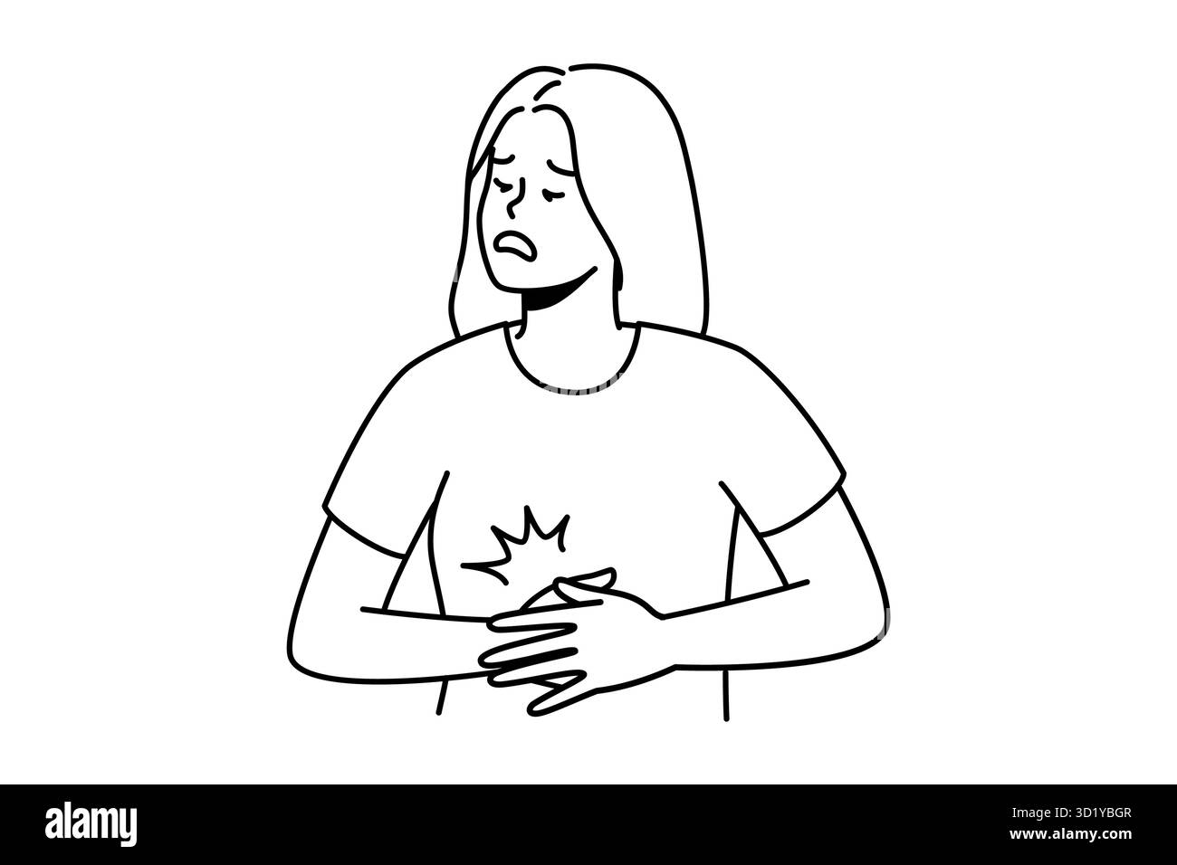 Eine ungesunde junge Frau leidet unter akuten Magenschmerzen. Unwohl weibliche kämpfen mit Bauchschmerzen oder Krämpfen. Gesundheitswesen. Vektorgrafik. Stockfoto