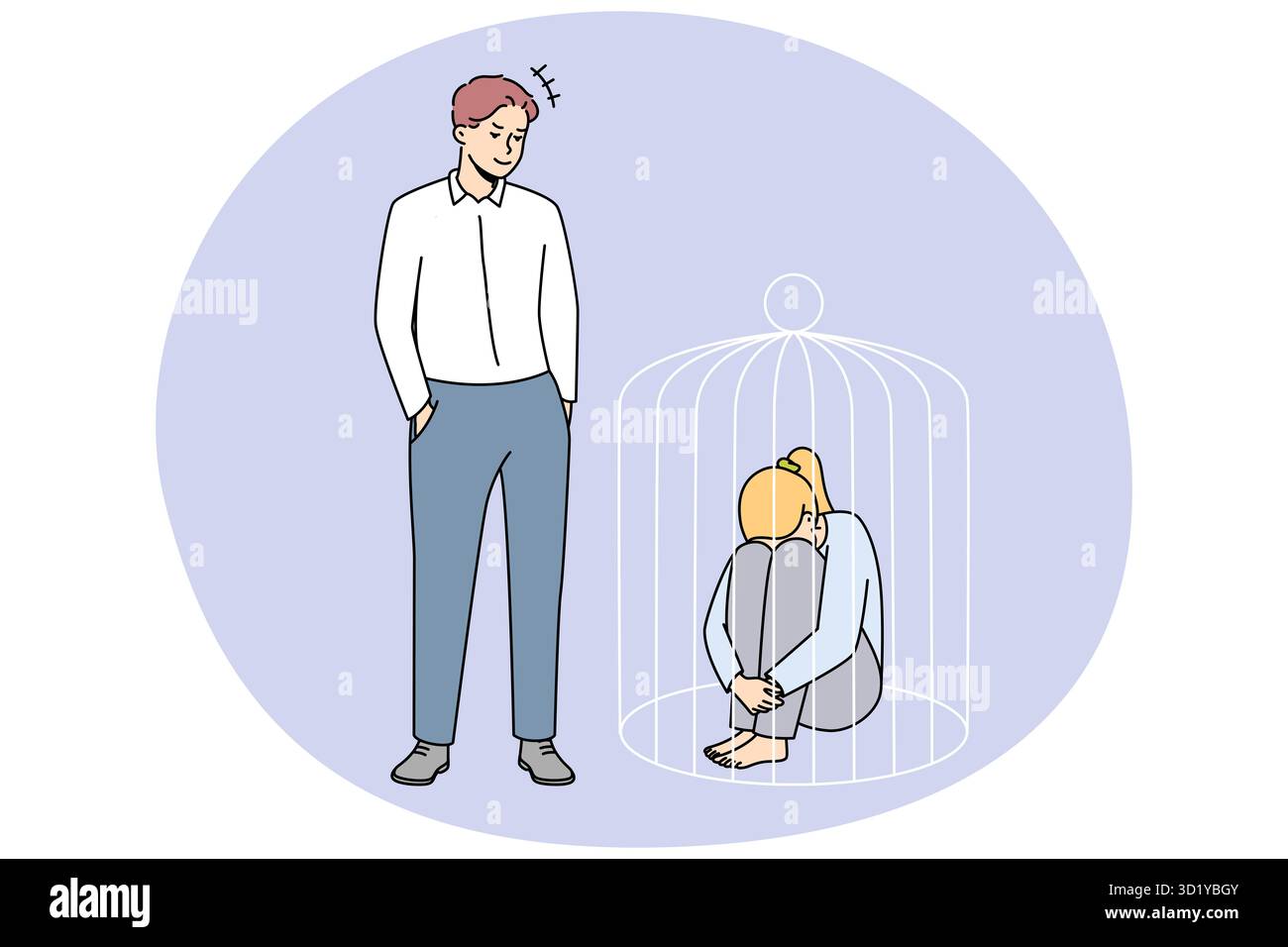 Autoritärer Mann sperrt Frau im Käfig ein. Frau leidet unter häuslicher Gewalt und ohne Rechte. Konzept toxischer Beziehungen. Vektorgrafik. Stockfoto