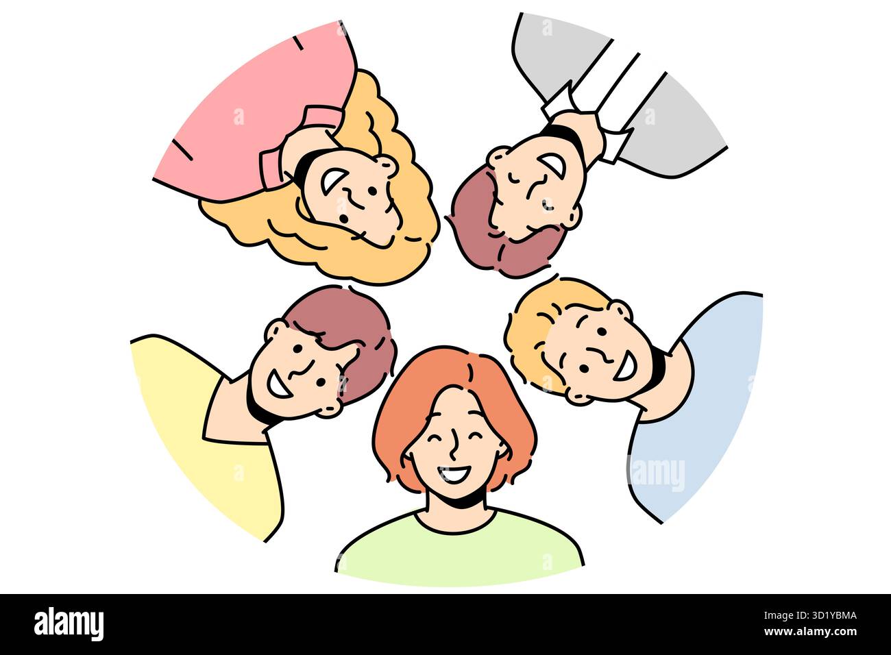 Portrait von lächelnden, vielfältigen Freunden, die im Kreis posieren. Gruppenbild von glücklichen multirassischen Menschen zeigen Einheit und Freundschaft. Vektordarstellung Stockfoto