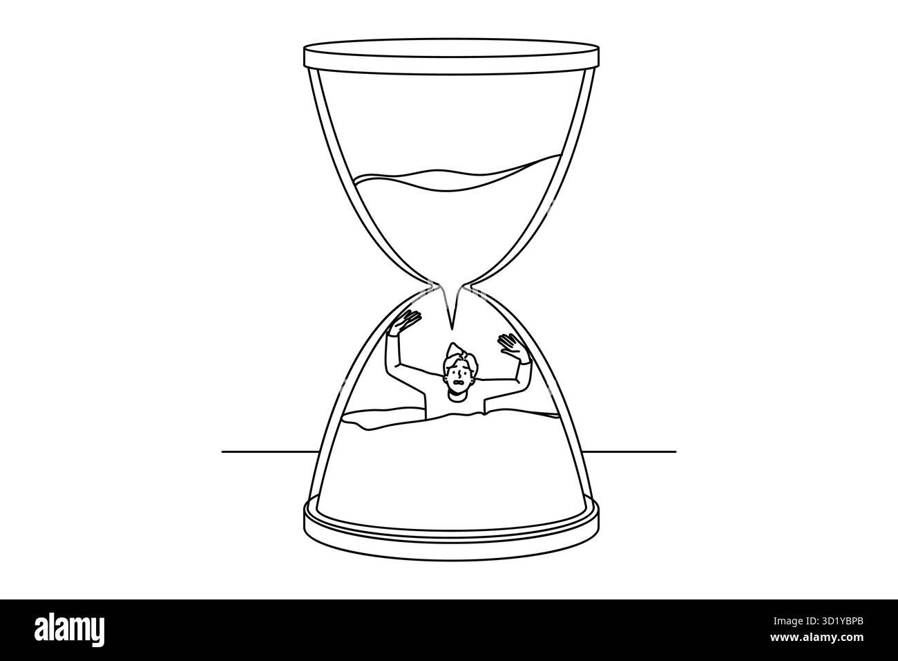 Gestresster Mann, der im Sandglas versinkt und Zeit verliert. Männlich in Verzweiflung in Sanduhr verpassen Frist. Zeitorganisation und Zeitplan. Vektorgrafik. Stockfoto