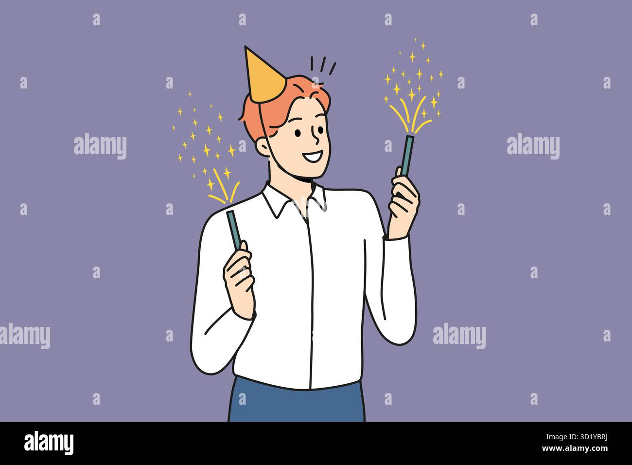 Lächelnder junger Mann im Geburtstagshut, der Wunderkerzen hält und feiert. Glücklicher Geschäftsmann viel Spaß Genießen Sie Feuerwerk auf der Party. Vektorgrafik. Stockfoto
