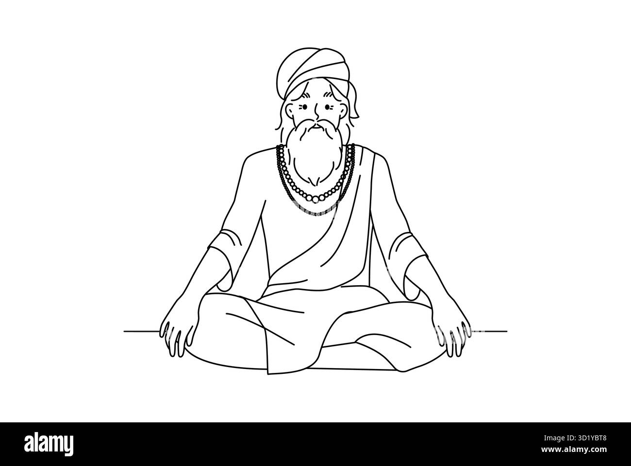 Ein alter Mann in traditioneller Kleidung sitzt in Lotusposition und meditiert. Ältere männliche Yogis praktizieren Yoga. Kultur und Tradition. Vektorgrafik. Stockfoto