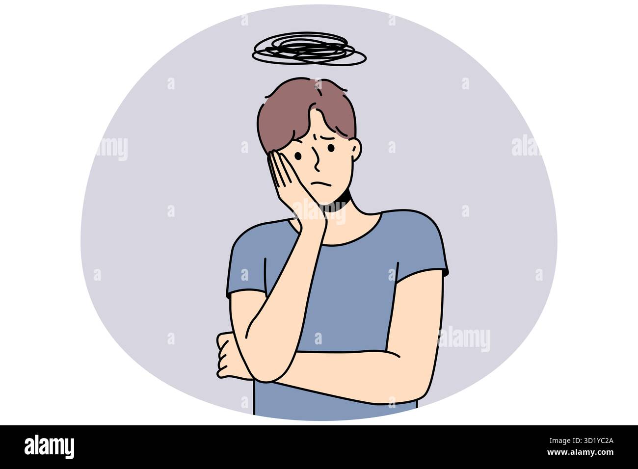 Unglücklicher junger Mann, der in Sorgen und Frustration verloren denkt. Gestresster Kerl überdenken überwältigt von Gedanken. Vektorgrafik. Stockfoto