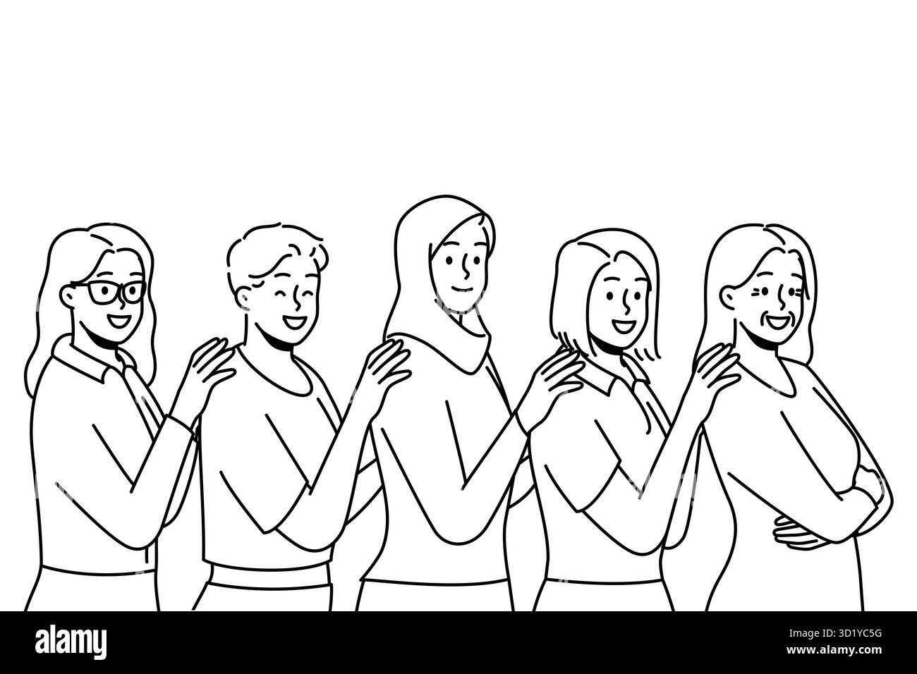Eine Gruppe von lächelnden, multiethnischen Frauen steht zusammen und zeigt Einheit und Unterstützung. Glückliche, multiethnische Frauen demonstrieren Zusammengehörigkeit. Vektor il Stockfoto
