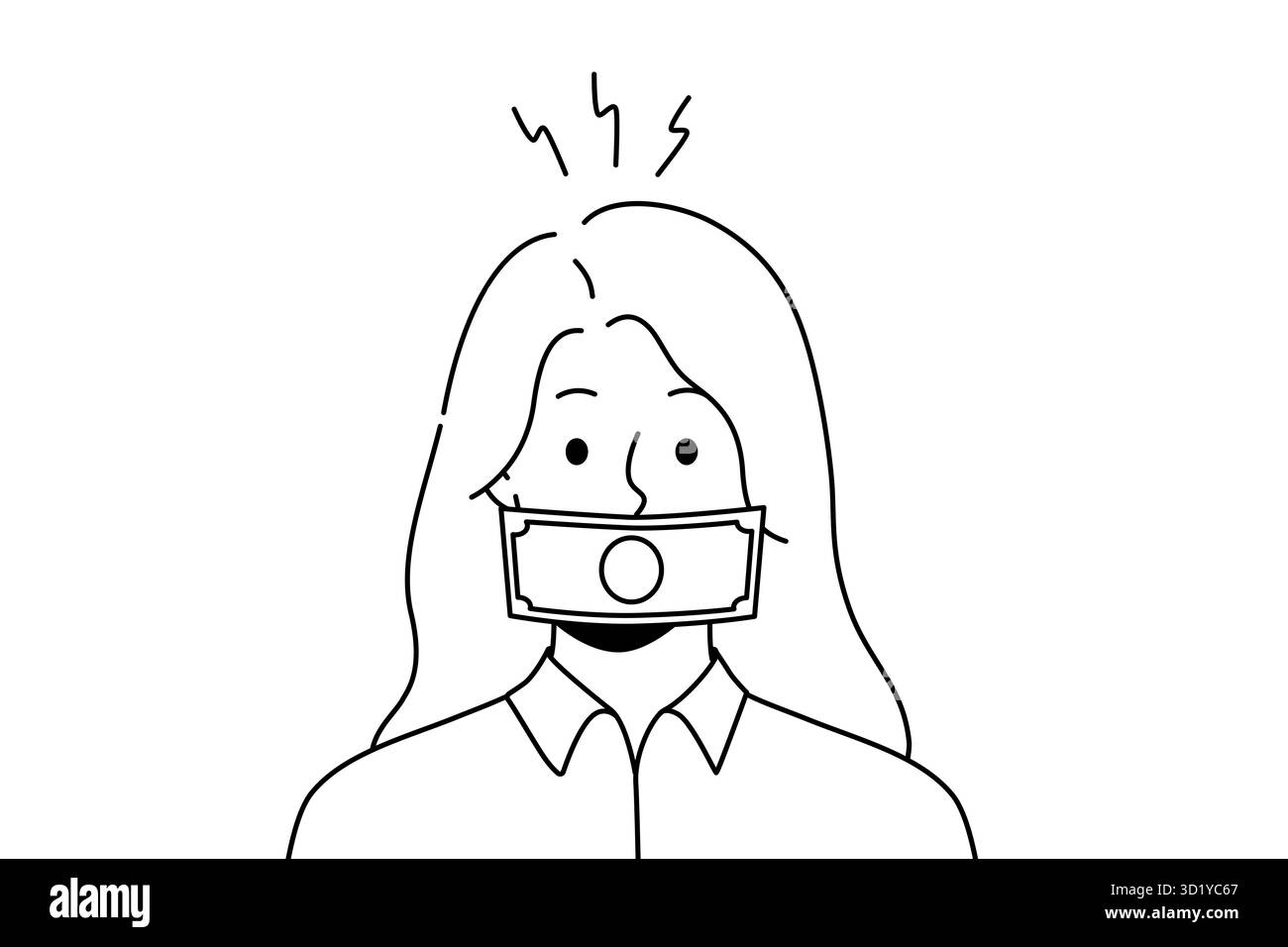 Frau mit Dollar-Banknote auf dem Mund bekommen Bestechung. Frau mit Gelddeckung Gesicht in Korruption und Bestechung verwickelt. Vektorgrafik. Stockfoto