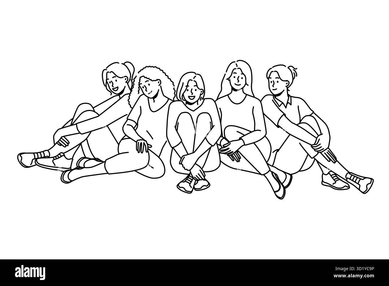 Lächelnde, vielfältige Frauen, die zusammensitzen, zeigen Einheit und Unterstützung. Fröhliche multiethnische Mädchen haben Spaß und Entspannung. Zusammengehörigkeit und Freundschaft Stockfoto