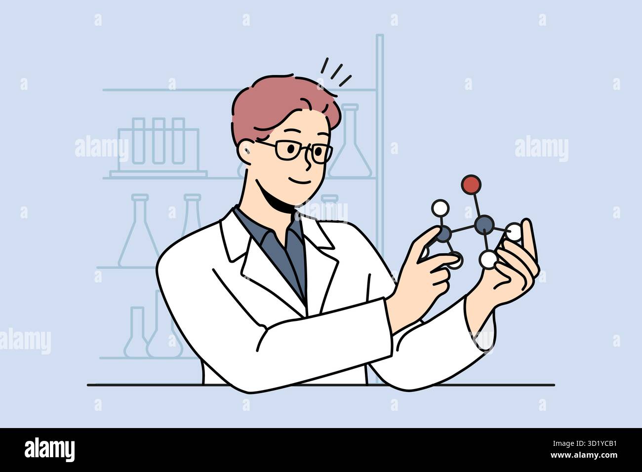 Lächelnder männlicher Wissenschaftler, der mit dem Atommodell im Labor arbeitet. Glücklicher Forscher in Uniform im Labor beschäftigt. Wissenschaft und Biotechnologie. Vektor-Illustration Stockfoto