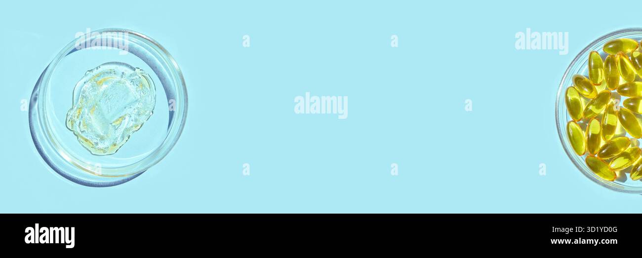 Omega3-Gelkapsel. Gelbes Vitamin. Gesundheit Essen. Diätetikum. Fischöl-Ergänzung. Mikrodosierungskonzept. Goldene Farbtöne Stockfoto