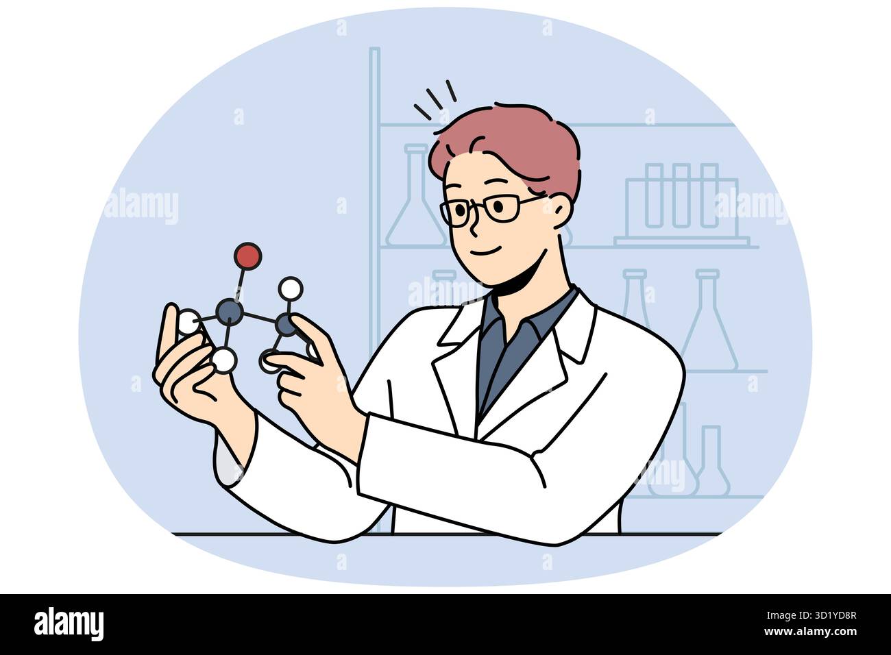 Lächelnder männlicher Wissenschaftler, der mit dem Atommodell im Labor arbeitet. Glücklicher Forscher in Uniform im Labor beschäftigt. Wissenschaft und Biotechnologie. Vektor-Illustration Stockfoto