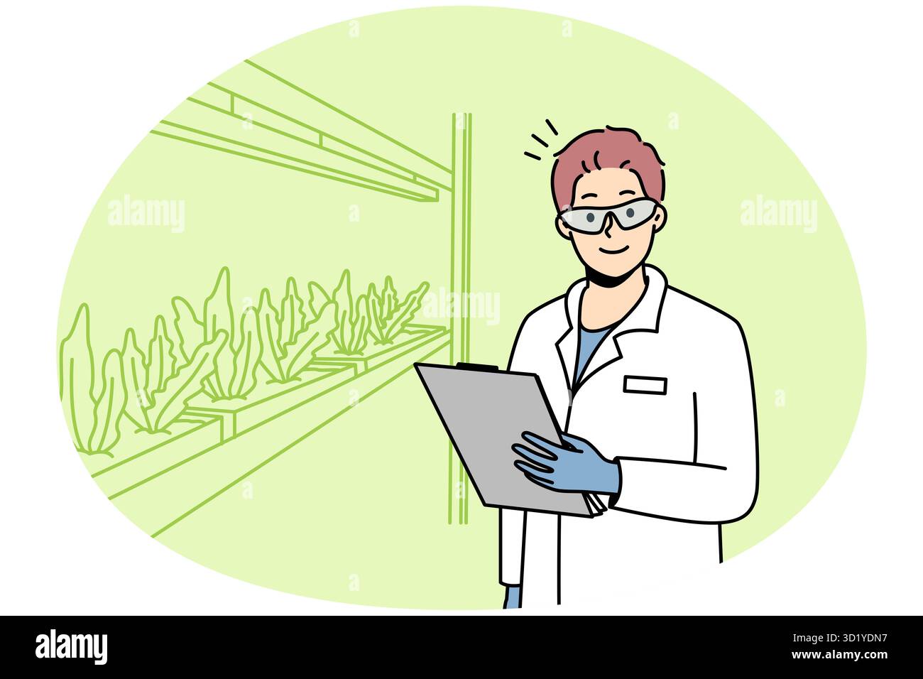 Lächelnder männlicher Wissenschaftler in gleichförmigen wachsenden Pflanzen im Labor. Glücklicher Mann Forscher machen Experimente im Labor oder Gewächshaus. Vektorgrafik. Stockfoto