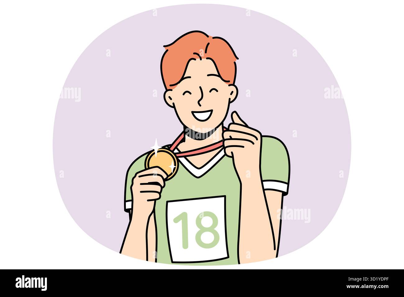 Glücklicher Sportler zeigt Goldmedaille, die er bekam. Der Typ hat Sportwettkämpfe gewonnen. Der Junge ist stolz auf seine Auszeichnung. Gewinner des ersten Platzes. Champion zeigt seine Leistung, p Stockfoto