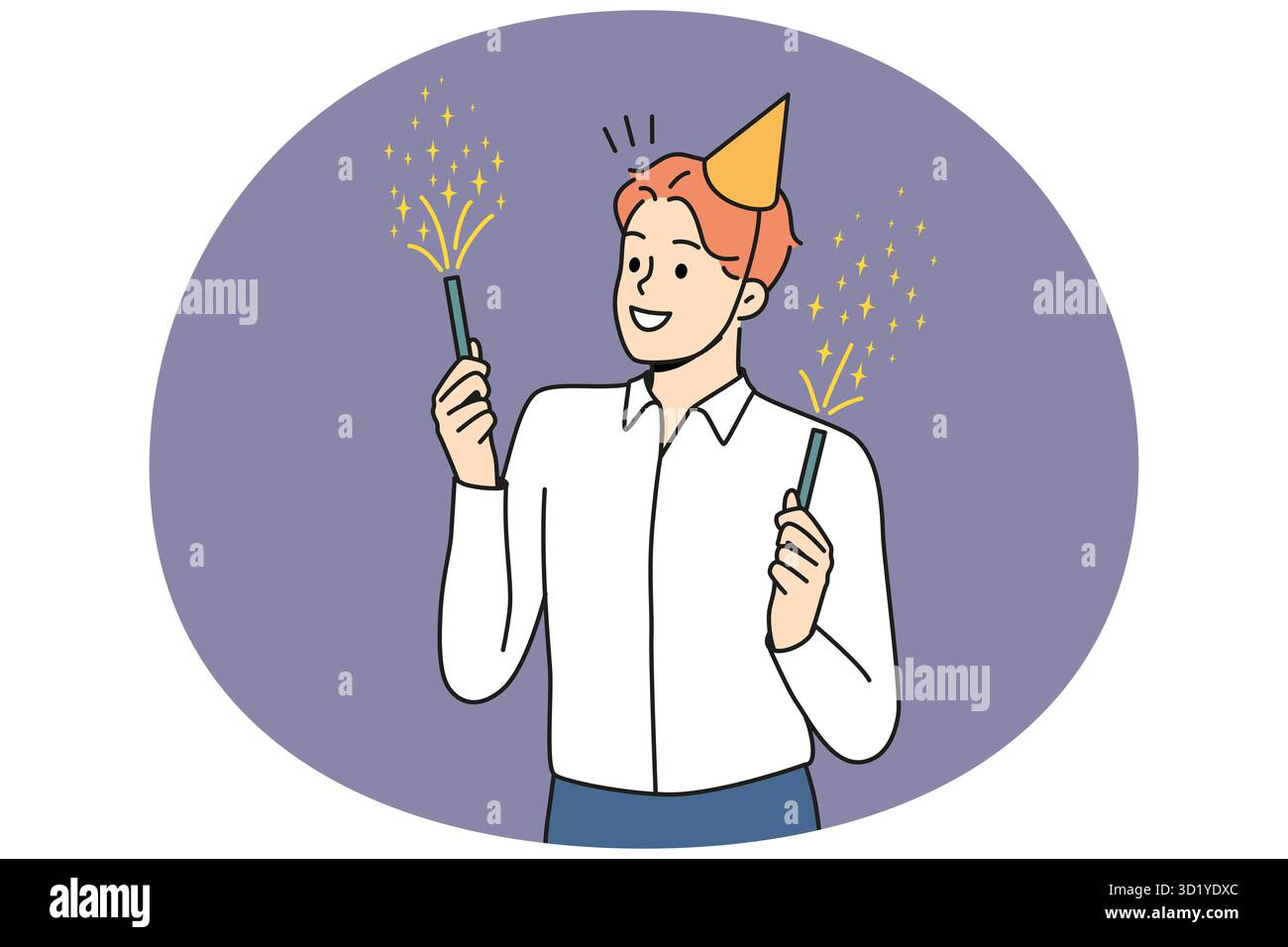 Lächelnder junger Mann im Geburtstagshut, der Wunderkerzen hält und feiert. Glücklicher Geschäftsmann viel Spaß Genießen Sie Feuerwerk auf der Party. Vektorgrafik. Stockfoto