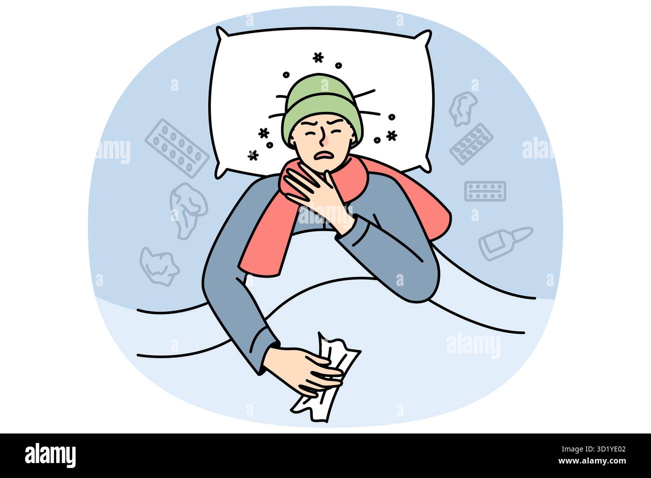 Ungesunder Junge mit Hut, Schal mit Kopfschmerzen, Fieber, laufende Nase, Halsschmerzen im Bett. Kranker Kerl leidet an Erkältung, Grippe, Tonsillitis oder Coronavirus. Stockfoto